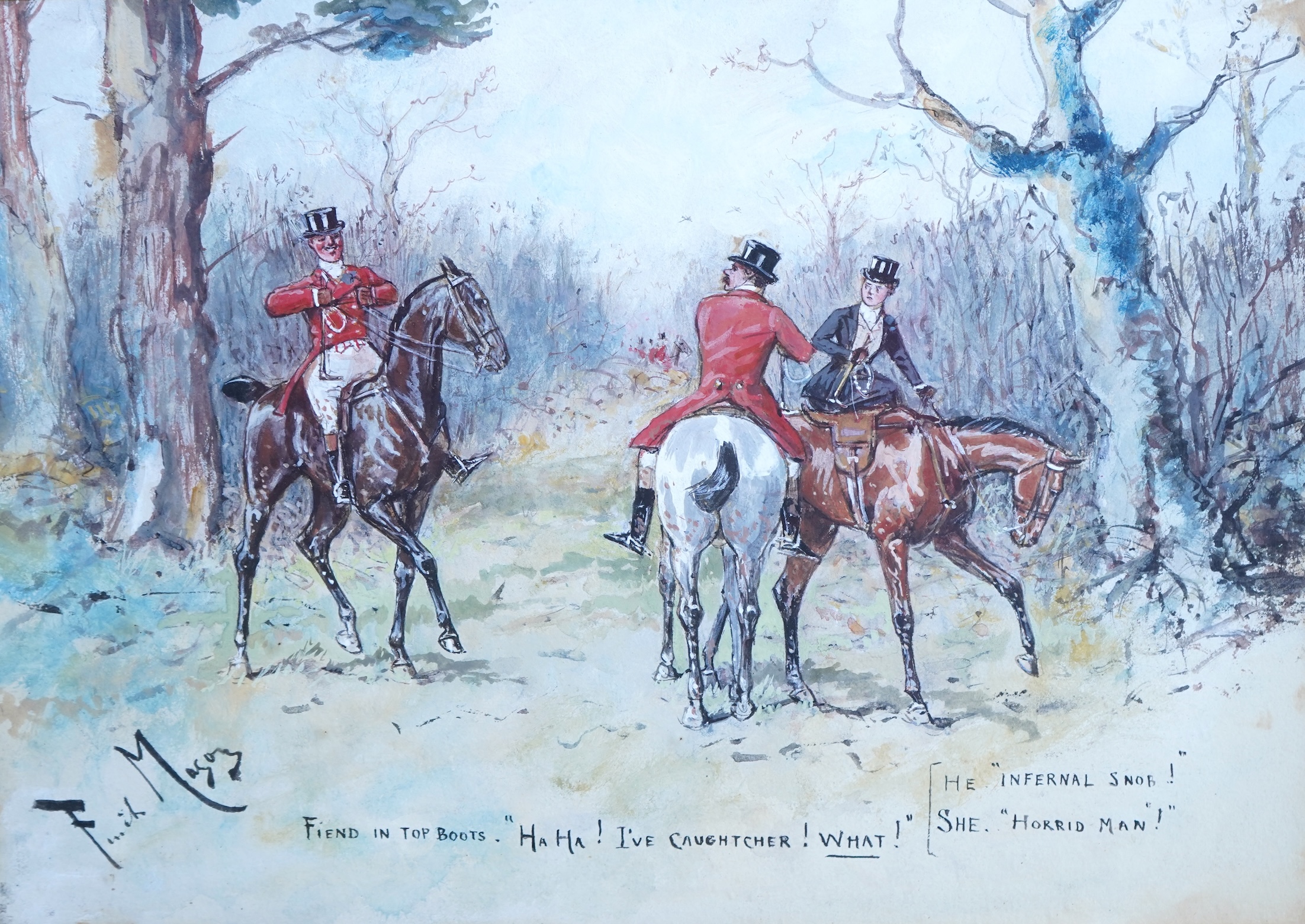 George Finch Mason (1850-1915), three hunting interest watercolours heightened with white, to include: 'Fiend in top boots' and 'Goodbye sweet tart goodbye!', each signed, largest 25 x 36cm